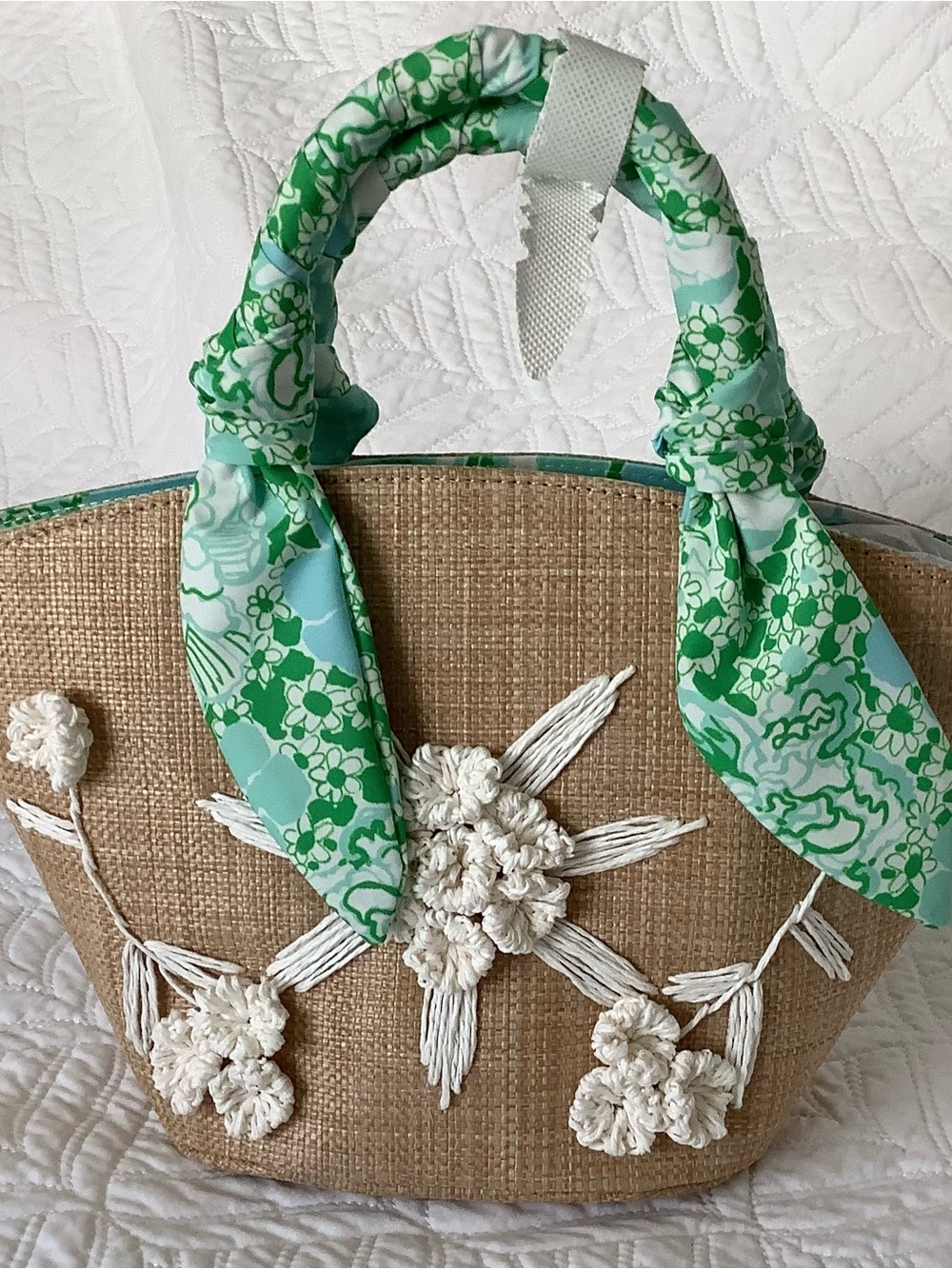 Lilly Pulitzer Natural Straw Tote with Green Floral Scarf Handles
